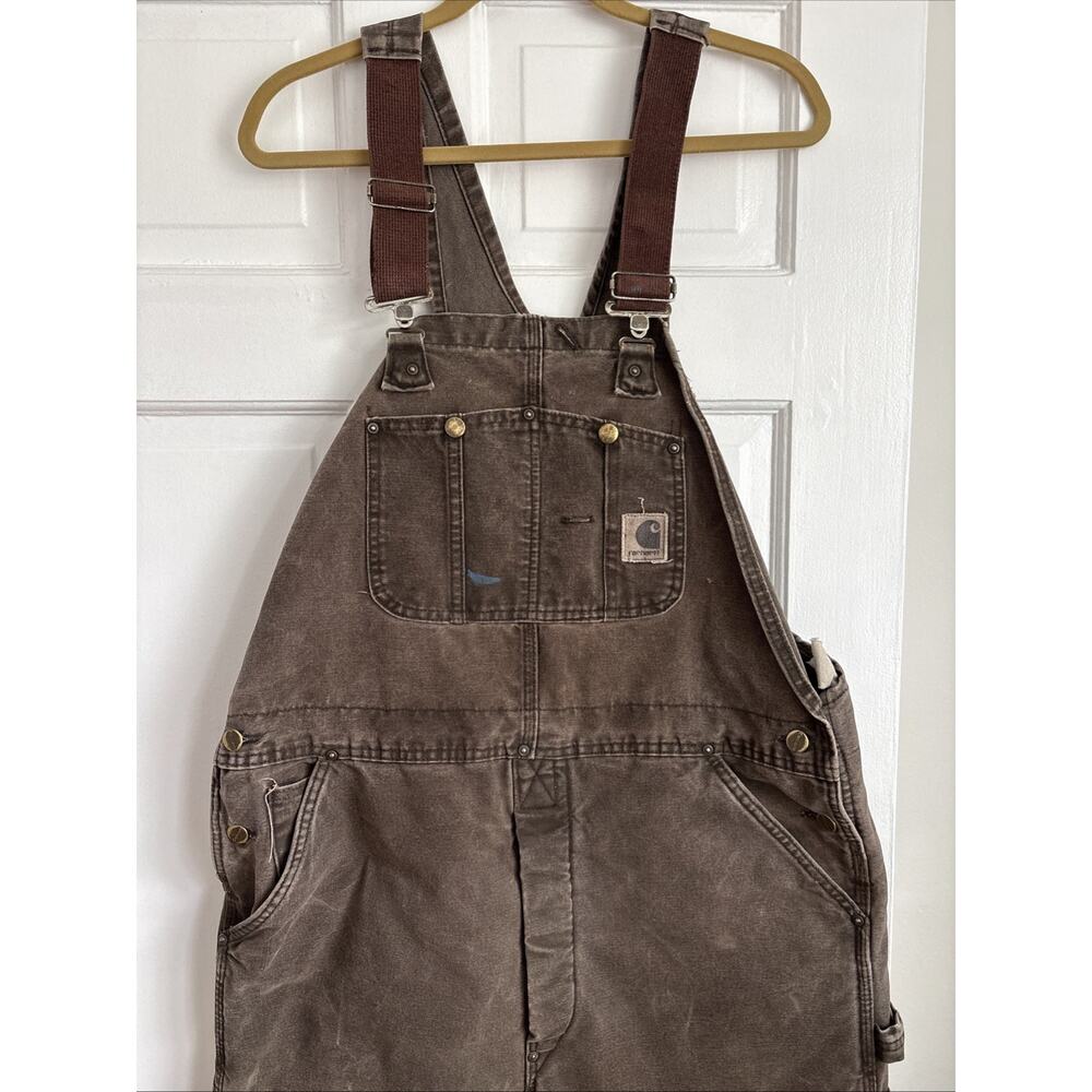 VTG Carhartt Thrashed Bibs Workwear Double Knee Duck Canvas Quilt Lined Y2K - Picture 2 of 16